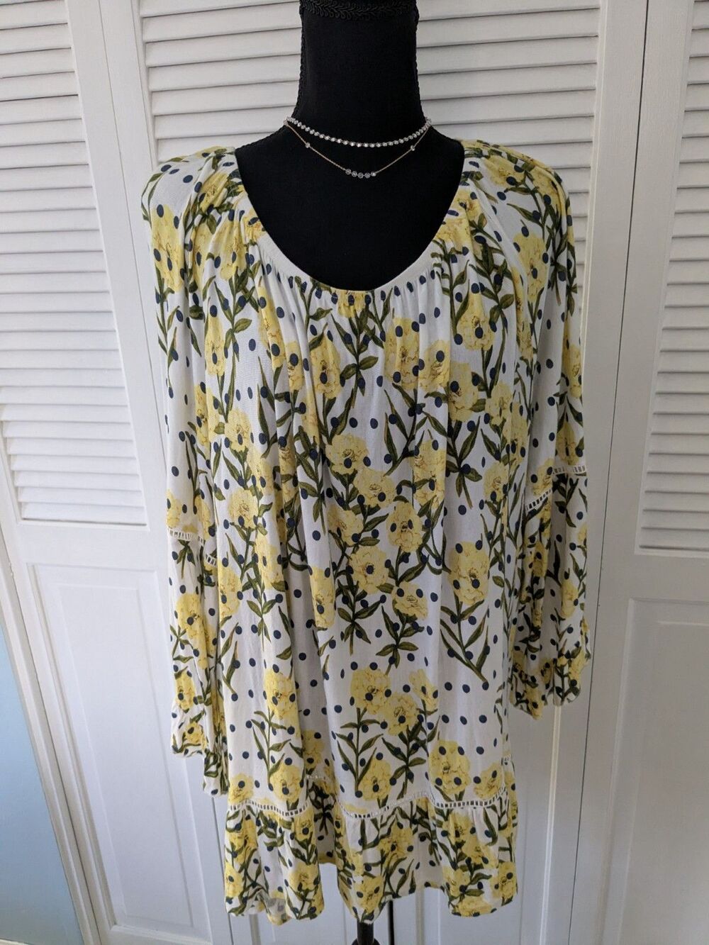 Fever Peasant Top Women 3X Bell Sleeve Yellow Floral Polkadot Babydoll Blouse